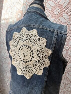 Upcycled Denim Vest with Crochet Doily Back Patch Boho Festival Western Sz Lg